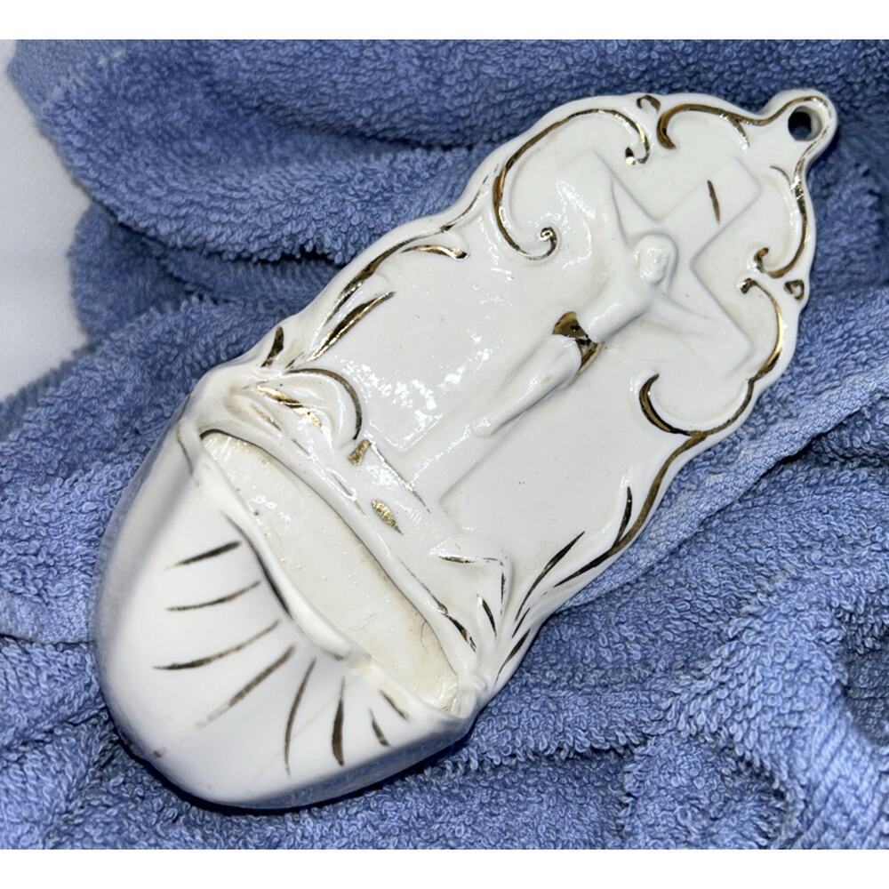 VTG Holy Water Font White Bisque Porcelain Hand Paint, Gold Trim 8". crucifix - Picture 5 of 7